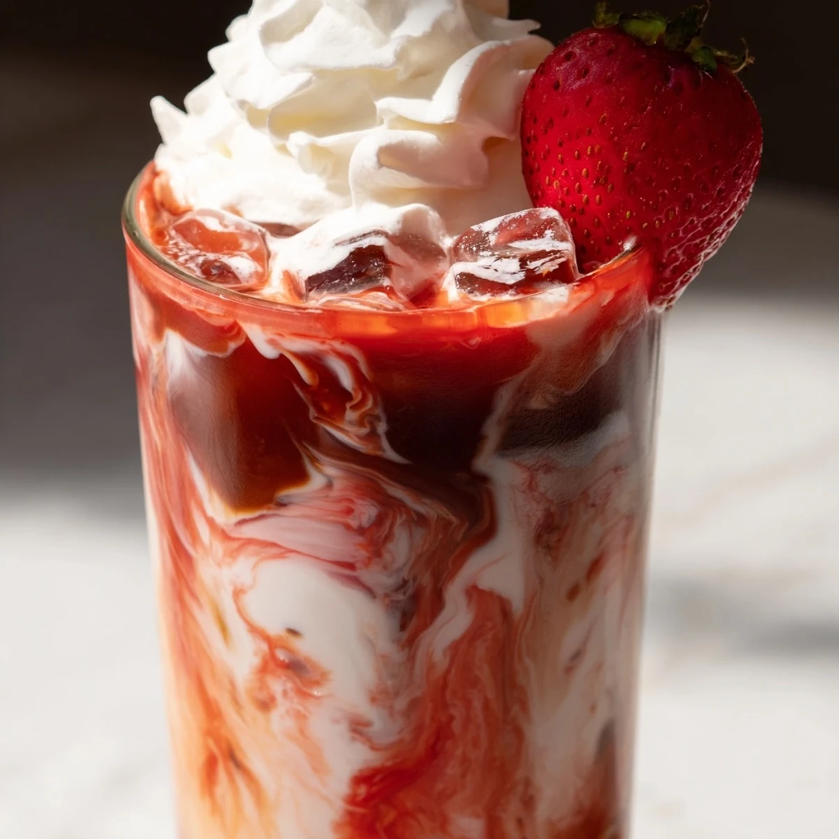 Refreshing strawberry cold latte with swirled coffee layers and whipped cream topping