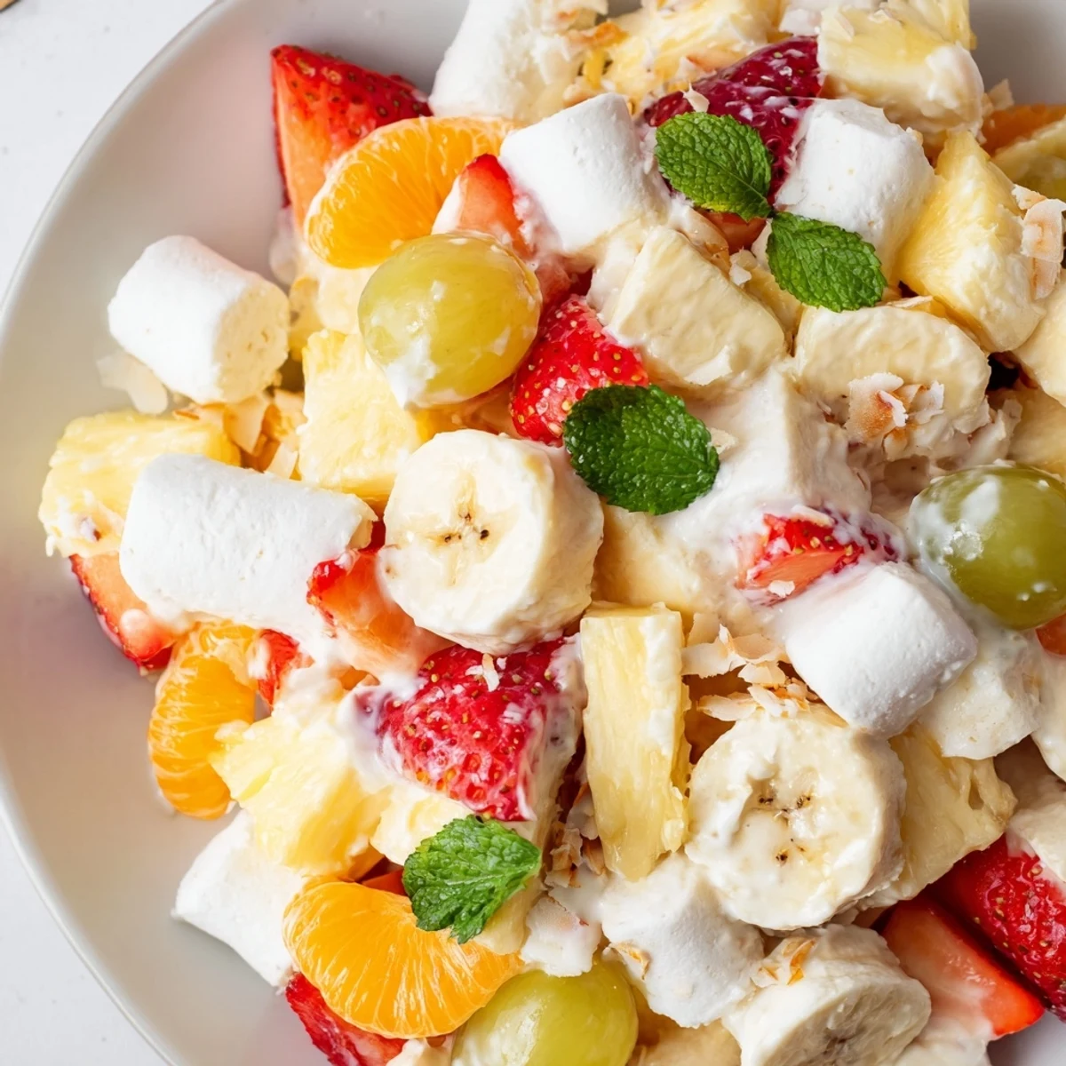 Creamy Hawaiian Cheesecake Salad loaded with fresh tropical fruit in a fluffy bowl