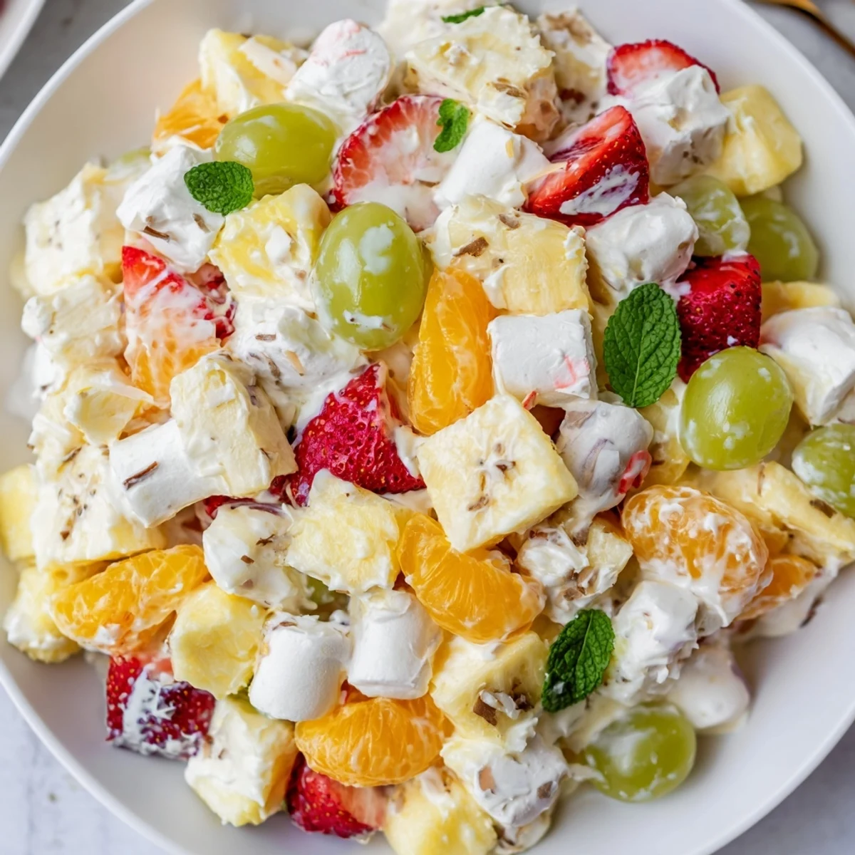 Hawaiian Cheesecake Salad topped with toasted coconut and bright strawberry slices