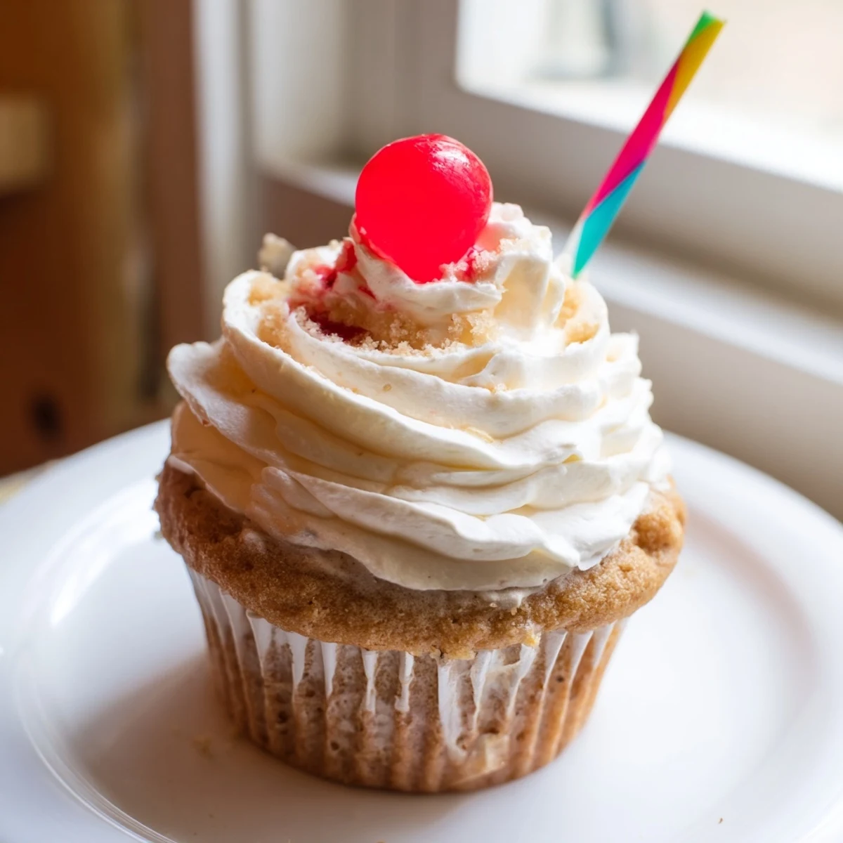 Moist banana milkshake cupcakes topped with creamy vanilla frosting and bright red maraschino cherry garnish