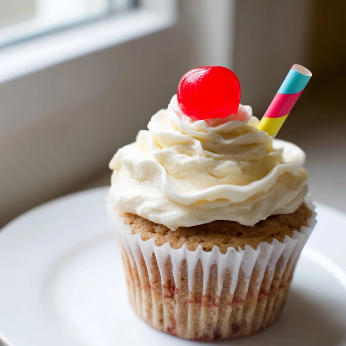 Golden banana milkshake cupcakes with fluffy buttercream swirls served on rustic white ceramic plate
