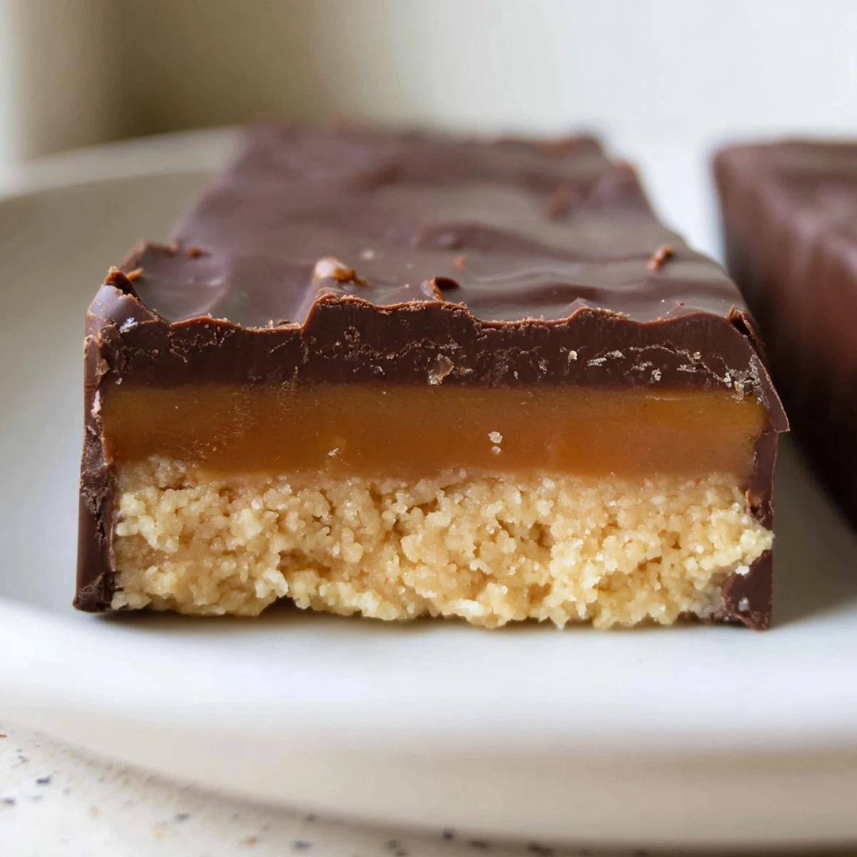 Chewy Healthy Twix Bars layered with golden date caramel and dark chocolate