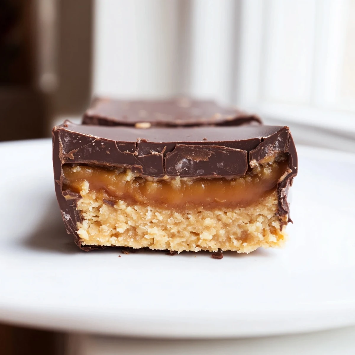 Rich chocolate-topped Healthy Twix Bars with a smooth date caramel center