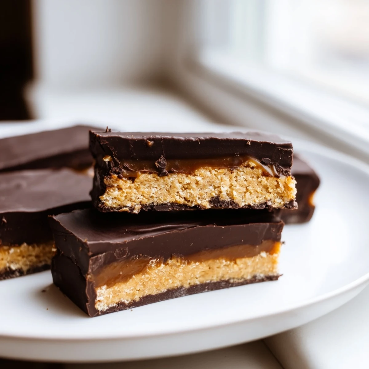 Healthy Twix Bars sliced to reveal a crunchy almond crust and silky caramel
