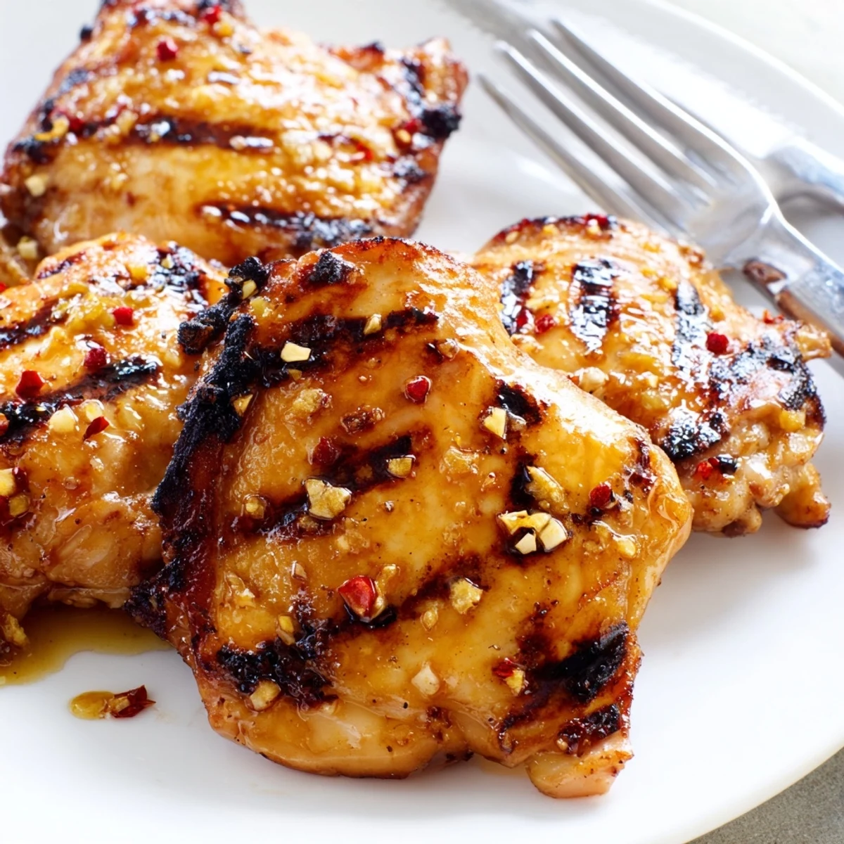 Golden crispy chicken thighs glazed with the killer chicken thigh marinade on a rustic plate