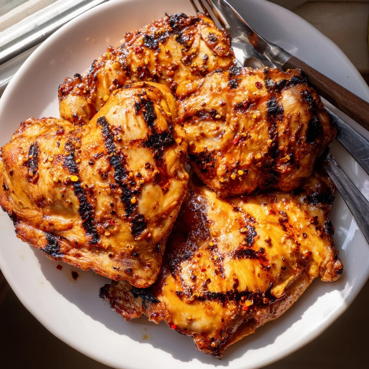 Close-up of caramelized chicken thighs coated in killer chicken thigh marinade beside roasted vegetables