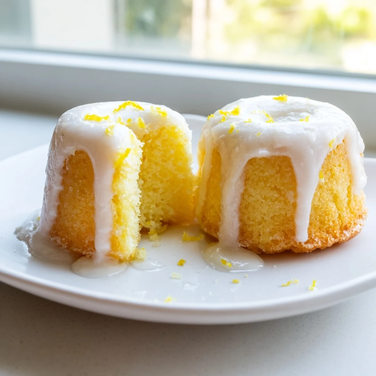 Golden mini lemon cakes drizzled with bright citrus glaze on a rustic wire rack
