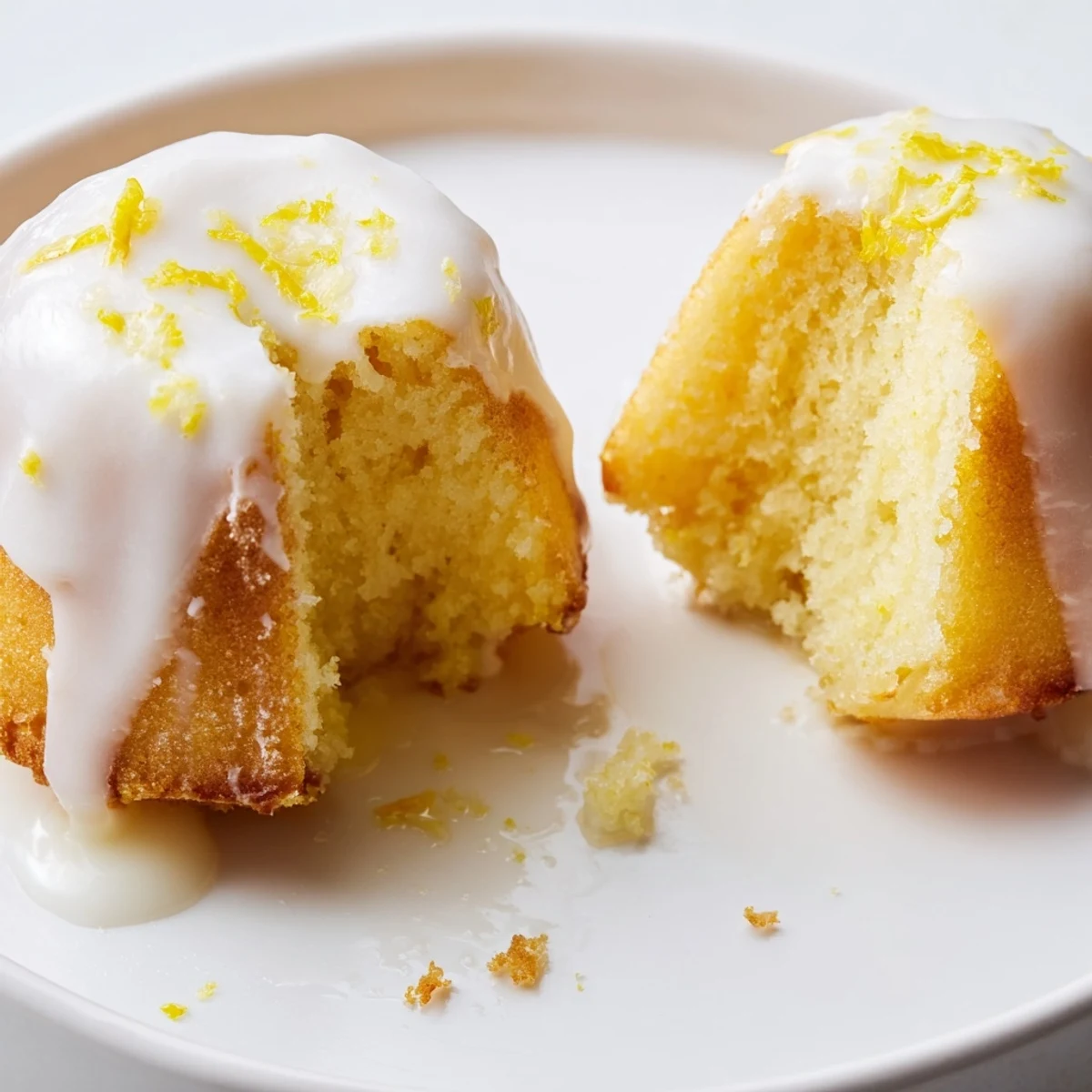 Mini lemon cakes with tangy lemon zest glaze arranged on a white serving platter