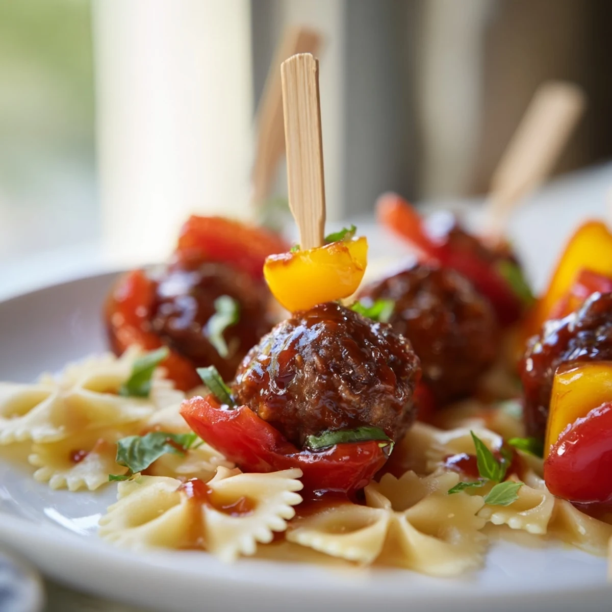 Bowtie pasta and cocktail meatball skewers drizzled with glossy sauce and fresh basil