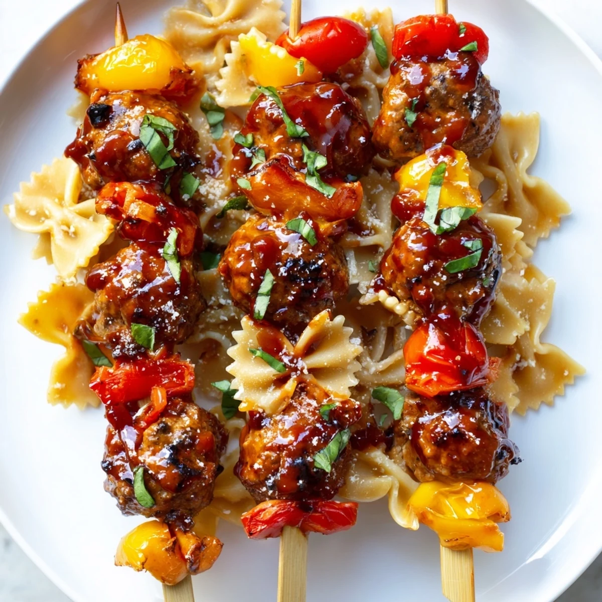 Juicy cocktail meatballs and bowtie pasta threaded on skewers sprinkled with Parmesan