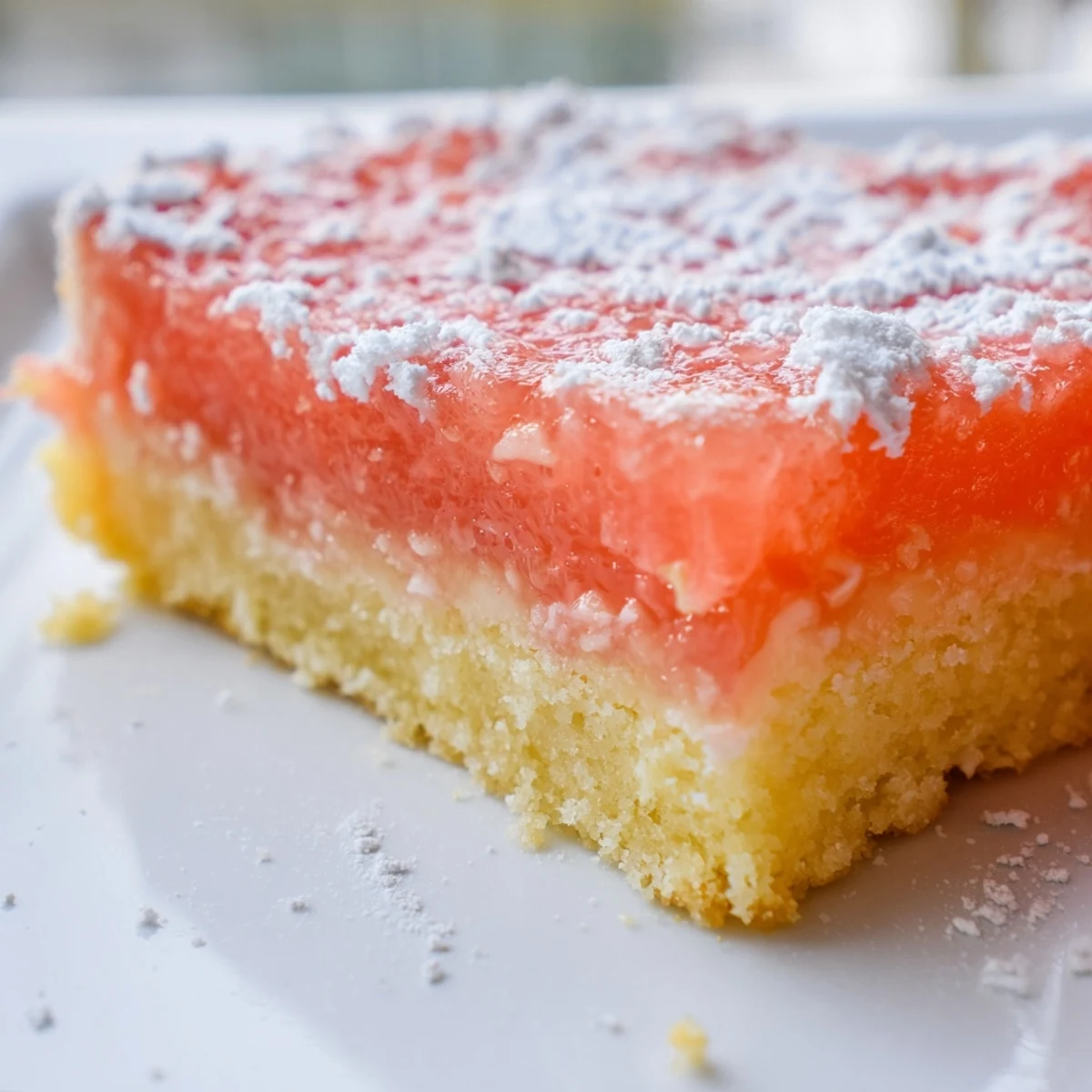 Golden grapefruit bars dusted with powdered sugar on a rustic cutting board
