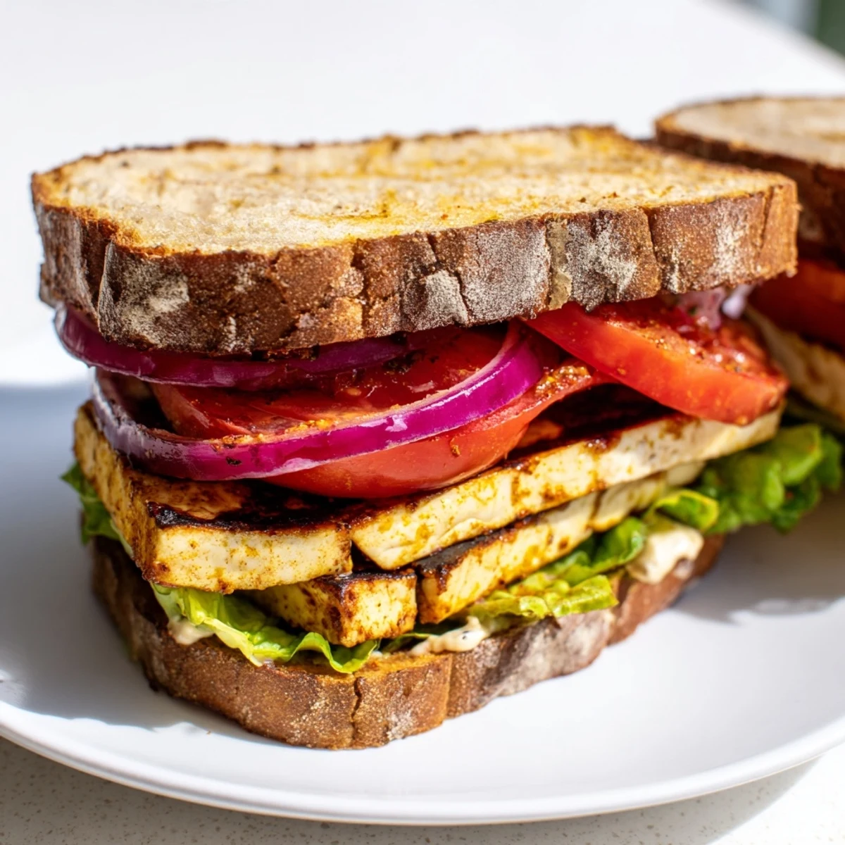 Golden smoky tofu slices layered with fresh lettuce and juicy tomato in TLT Sandwich