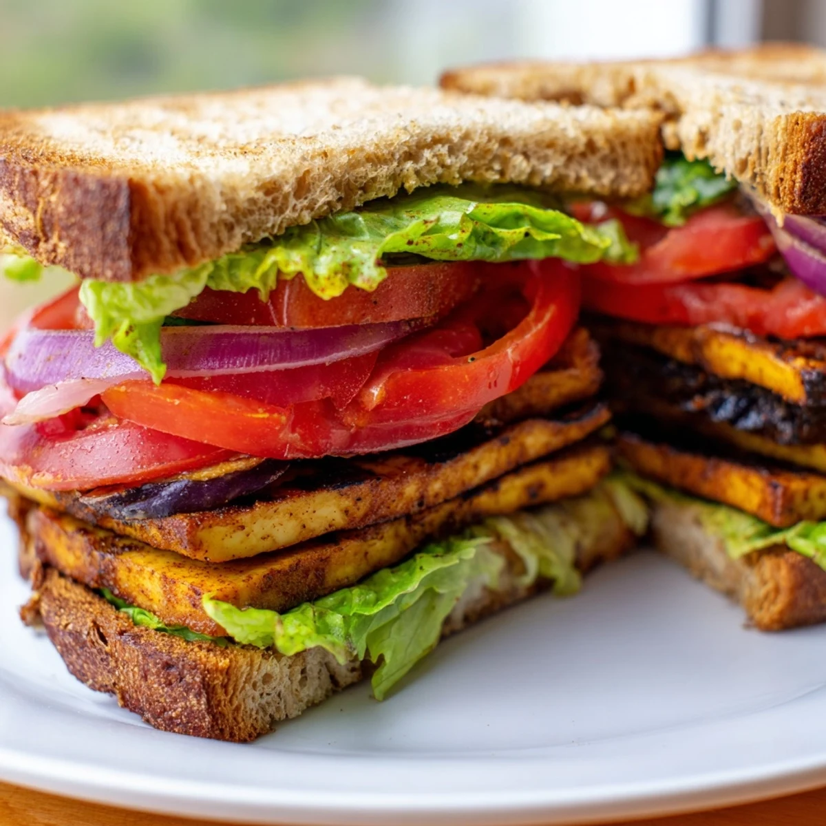 Summer TLT Sandwich featuring charred marinated tofu, leafy greens, and thick tomato slices