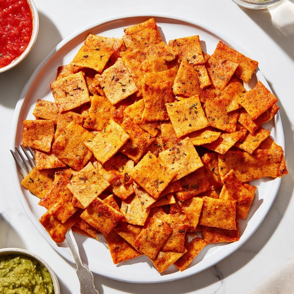 Golden taco crackers sprinkled with melted cheddar and oregano on a baking sheet