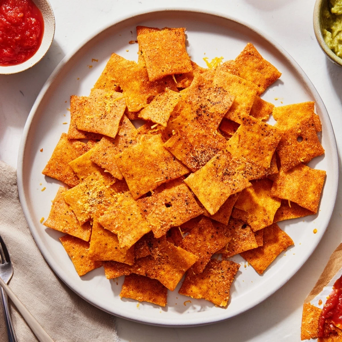 Crispy taco crackers arranged in a rustic bowl beside fresh guacamole dip