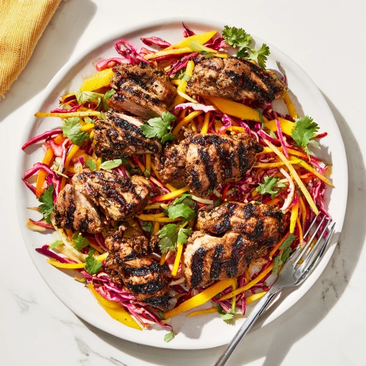 Sizzling spicy jerk chicken resting beside crisp tangy mango slaw