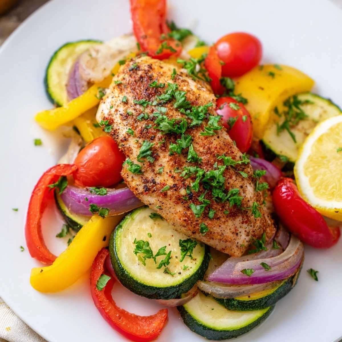 Open foil revealing steaming chicken foil packets recipe alongside zucchini and bell peppers