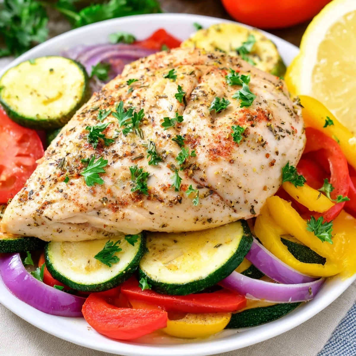 Juicy chicken foil packets recipe with colorful roasted vegetables and fresh parsley