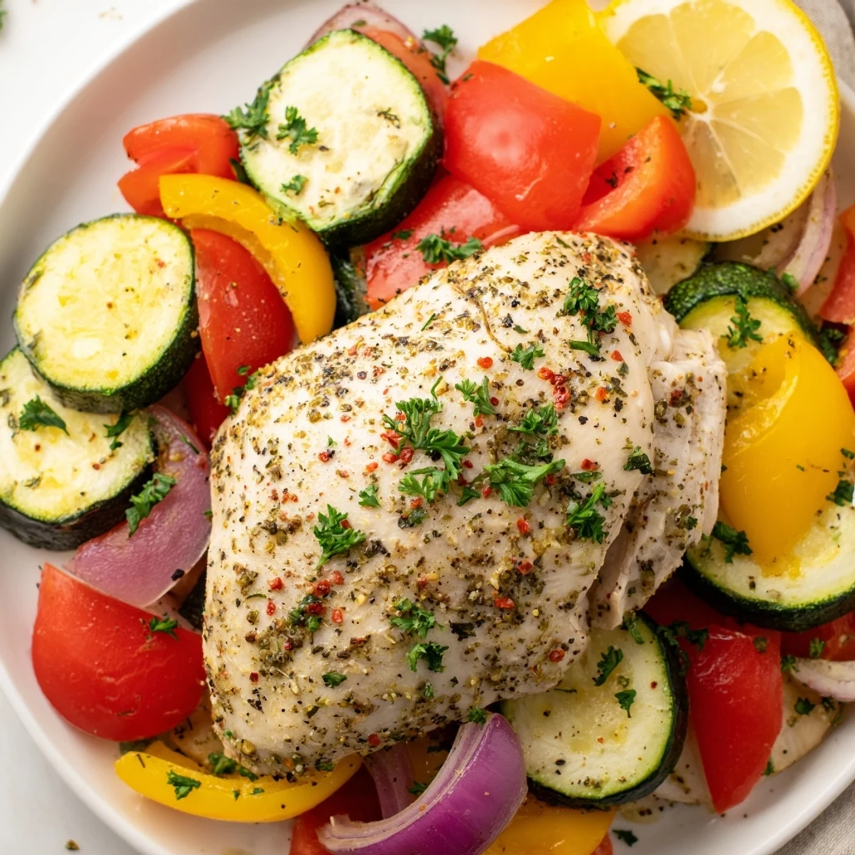 Golden herb-seasoned chicken foil packets recipe served hot with lemon wedges