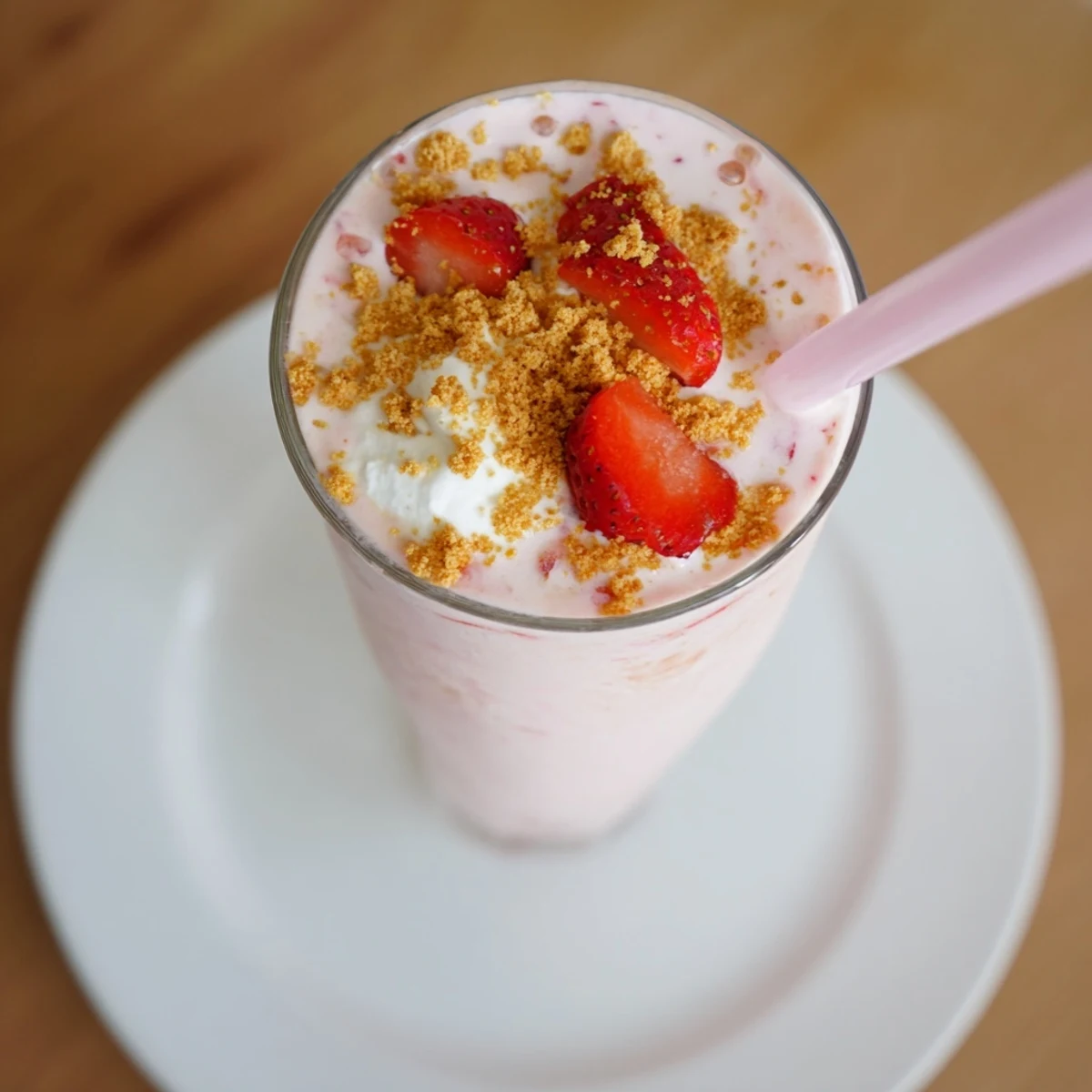 Thick pink strawberry cheesecake milkshake topped with whipped cream and graham crumbs