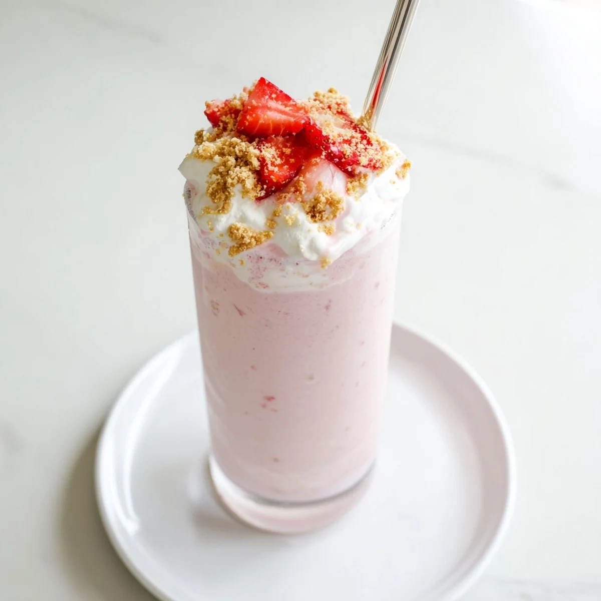 Tall glass of creamy strawberry cheesecake milkshake garnished with fresh sliced strawberries