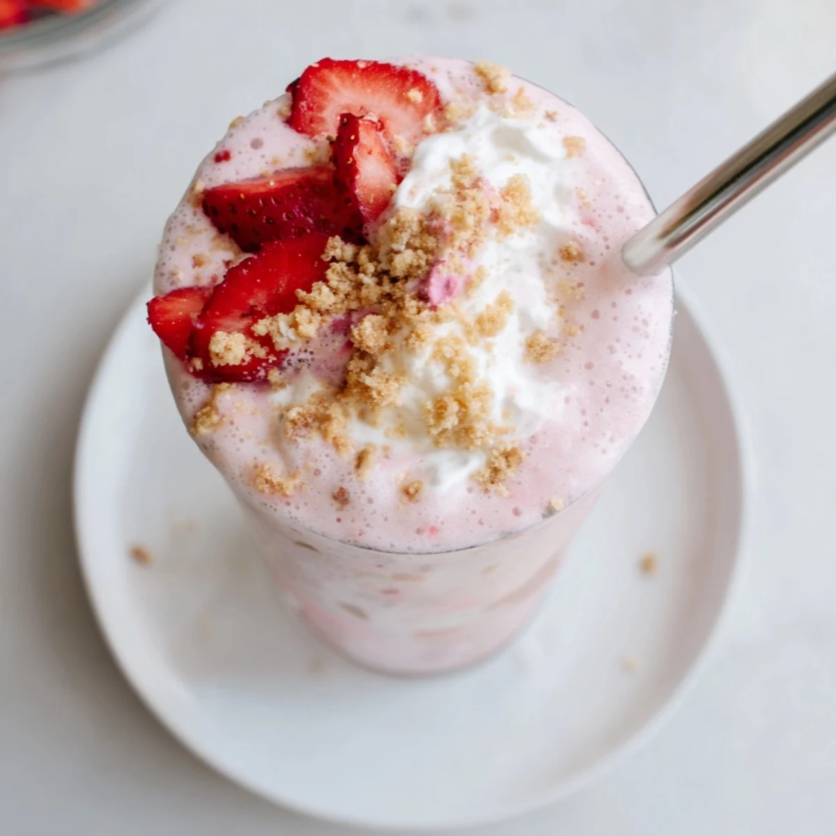 Blended strawberry cheesecake milkshake drizzled with vanilla and sprinkled with cookie crumbles