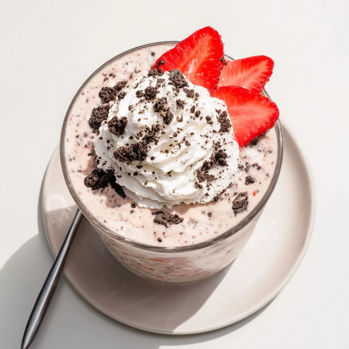 Rich strawberry Oreo milkshake drizzled with chocolate and garnished with fresh strawberries