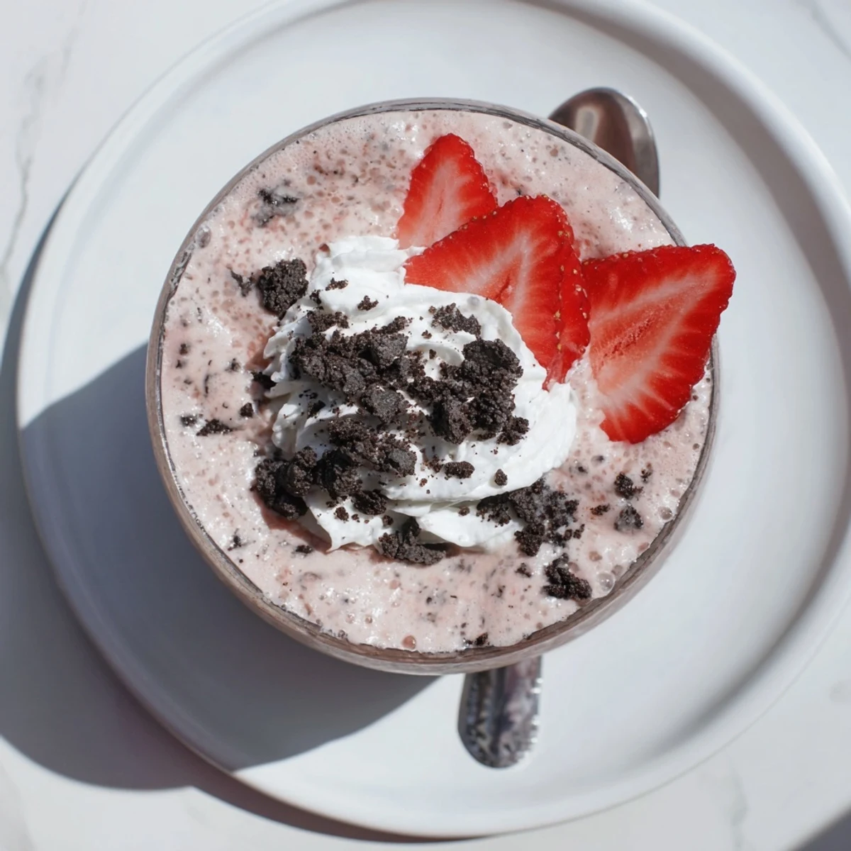 Pink creamy strawberry Oreo milkshake served in a chilled glass with strawberry slices