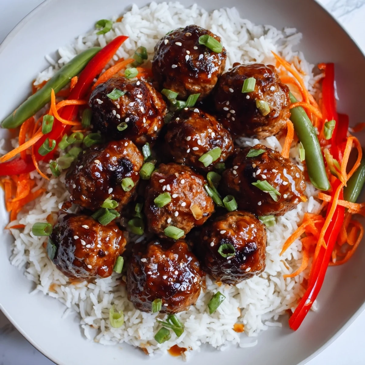 Hello Fresh Firecracker Meatballs glazed in sticky spicy-sweet sauce over jasmine rice