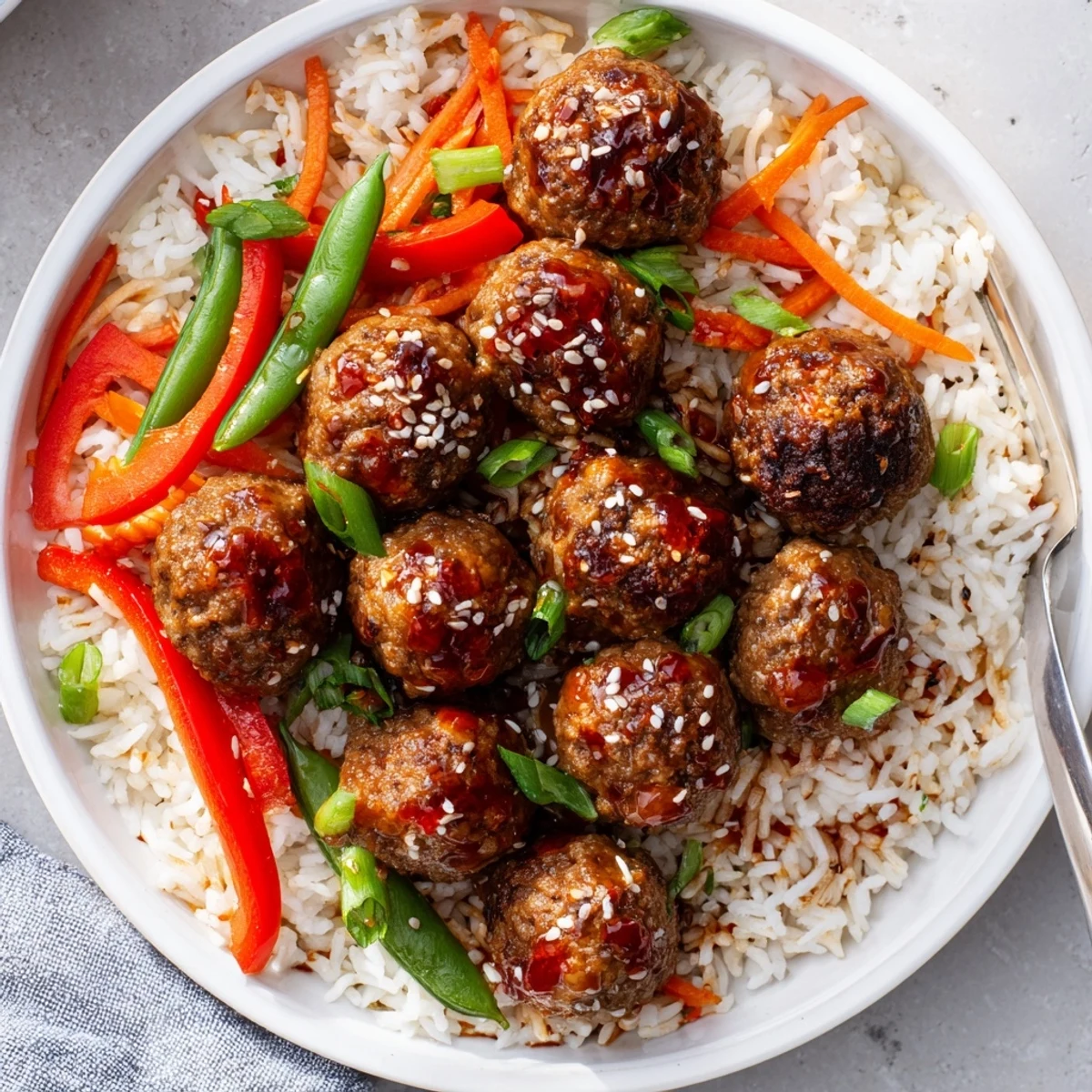 Pan-tossed Hello Fresh Firecracker Meatballs with crisp sauteed vegetables and sesame
