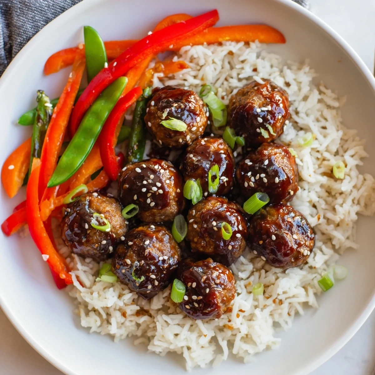 Weeknight Hello Fresh Firecracker Meatballs served steaming with fluffy rice and scallions