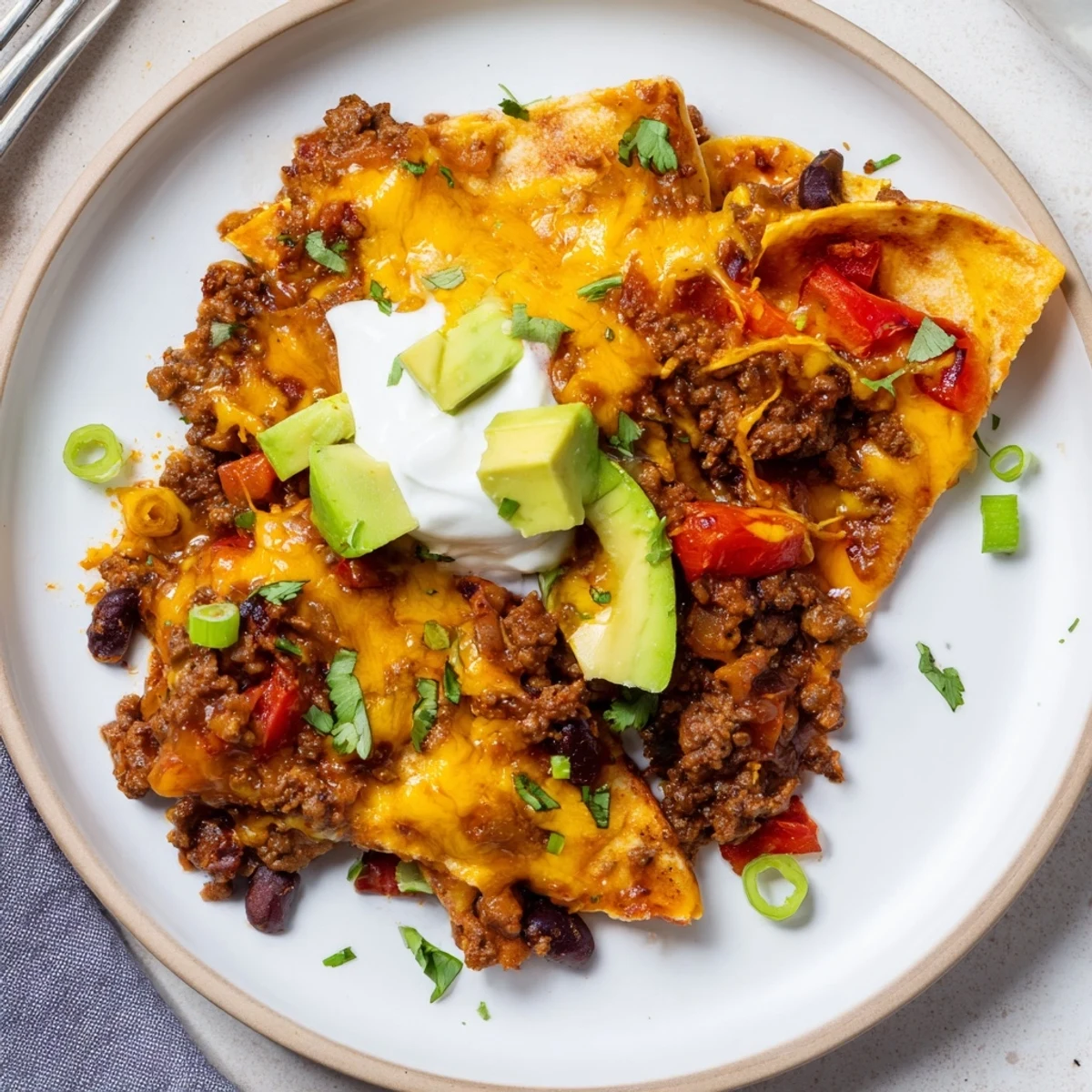 Seared beef in Beef Skillet Enchiladas with smoky spices and melted cheese