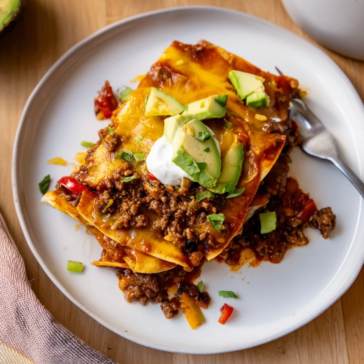 Beef Skillet Enchiladas under broiler, golden bubbly top, served with sour cream