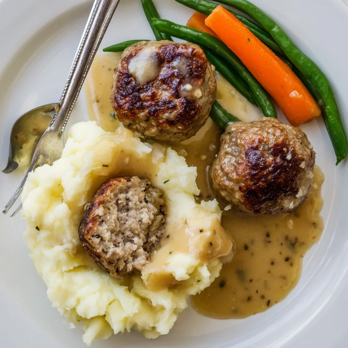 Warm Homemade Ikea Meatballs nestled on mashed potatoes with tangy lingonberry jam