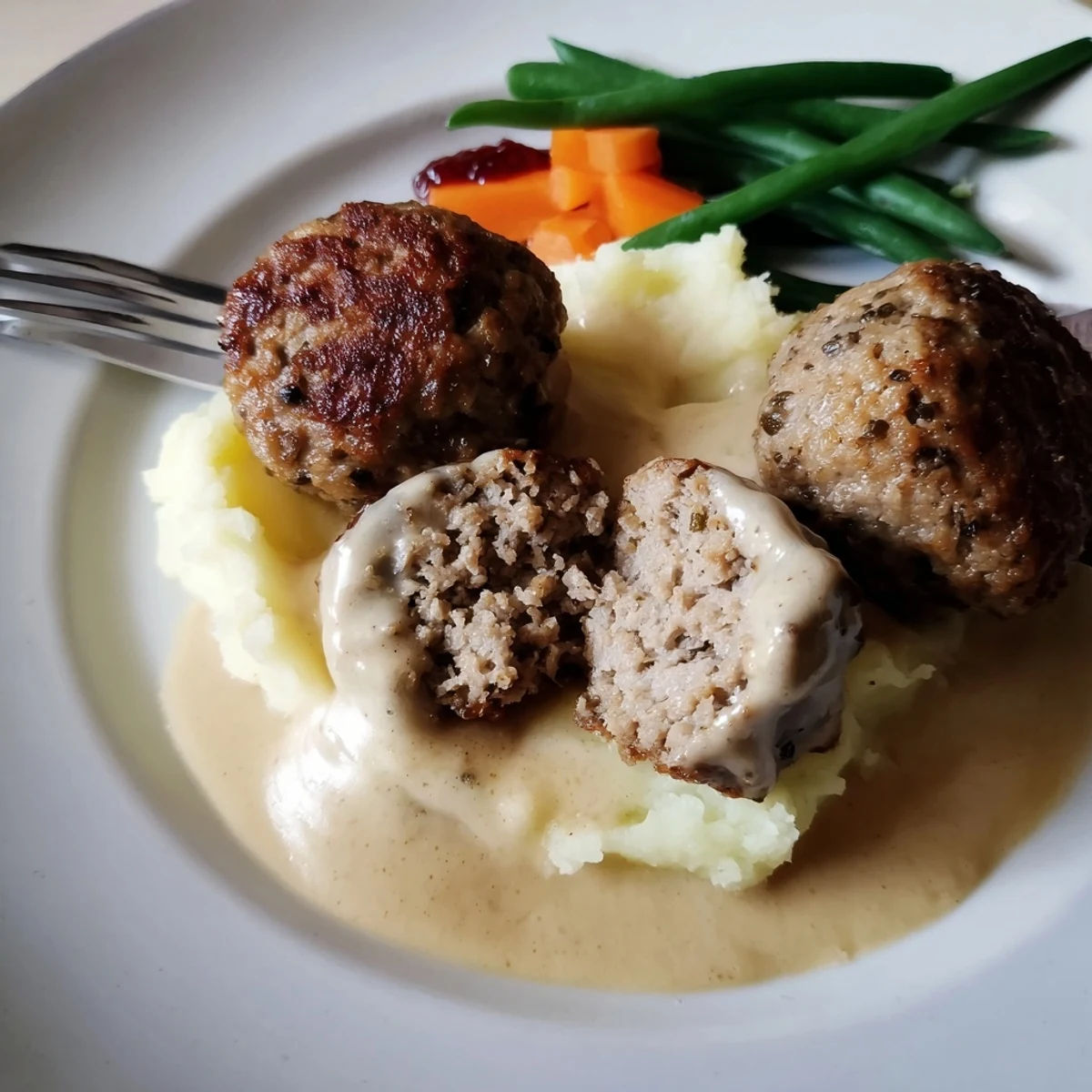 Herb-spiced Homemade Ikea Meatballs coated in velvety sauce, steaming and ready to serve