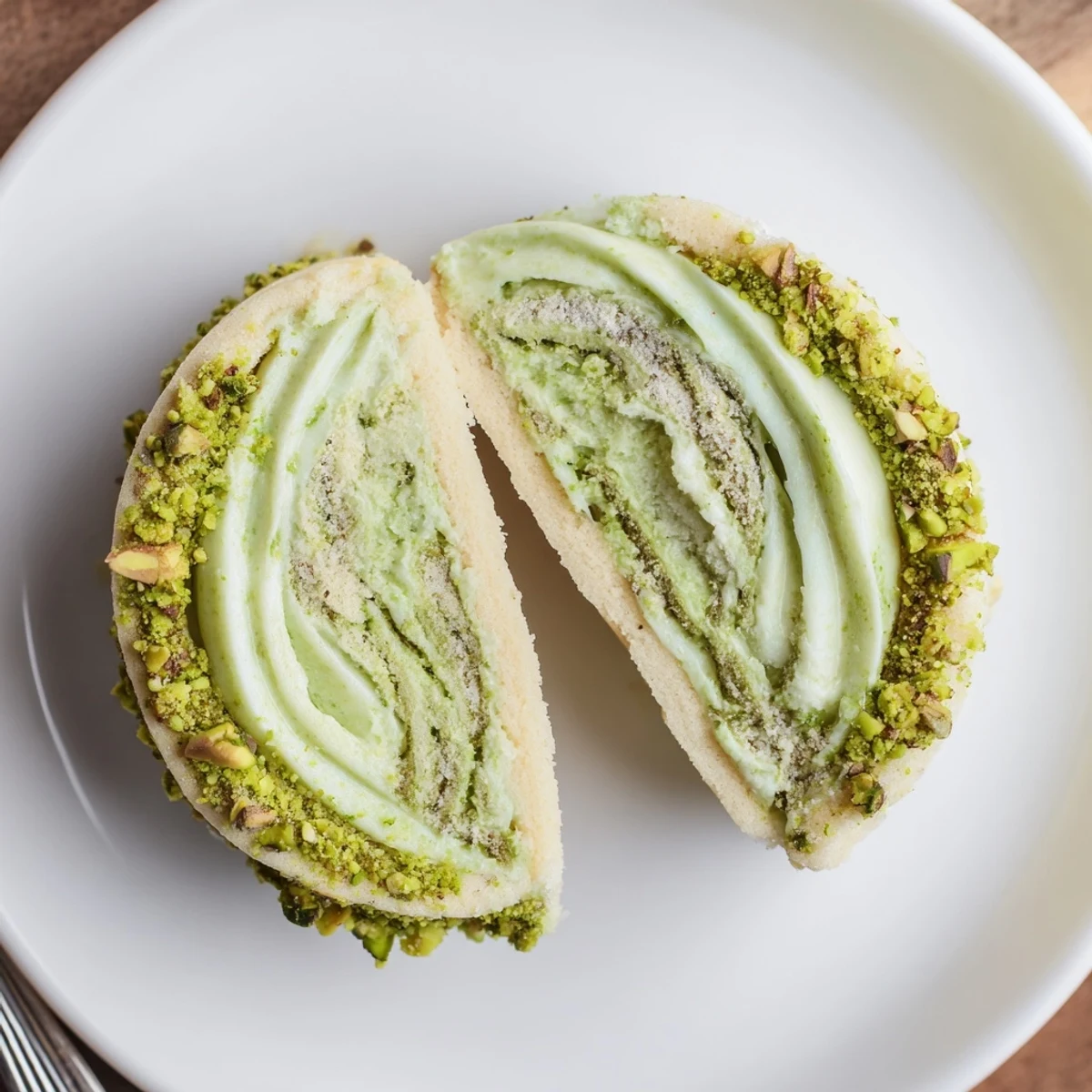 Stacked Pistachio Cream Cookies on a linen napkin, perfect with afternoon tea