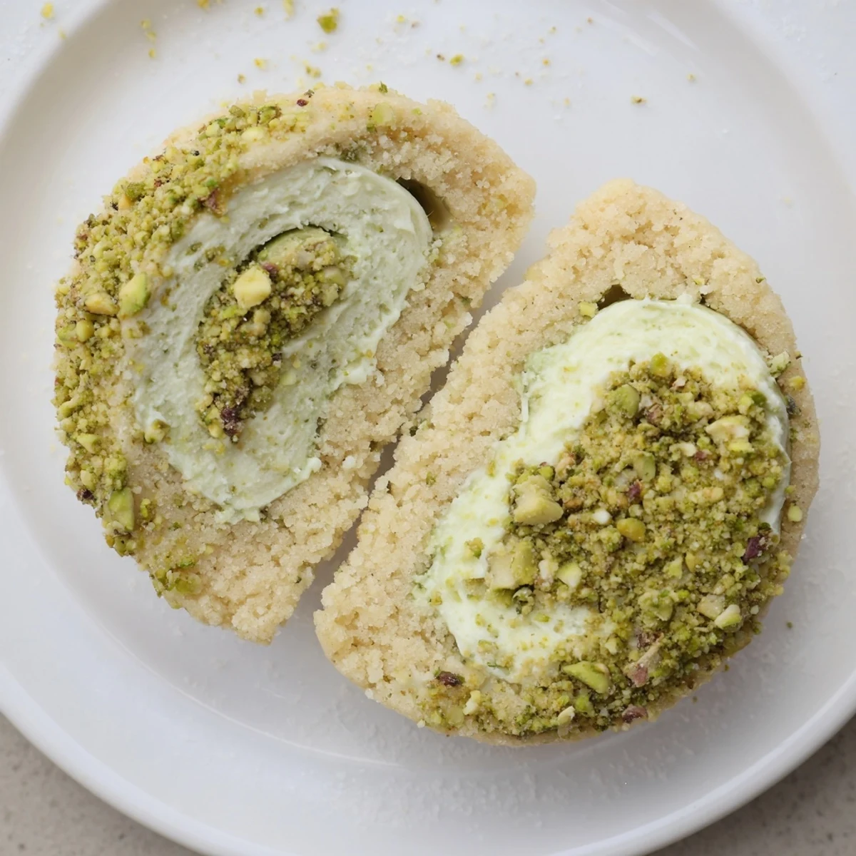 Close-up of split Pistachio Cream Cookies revealing smooth, nutty white-chocolate center