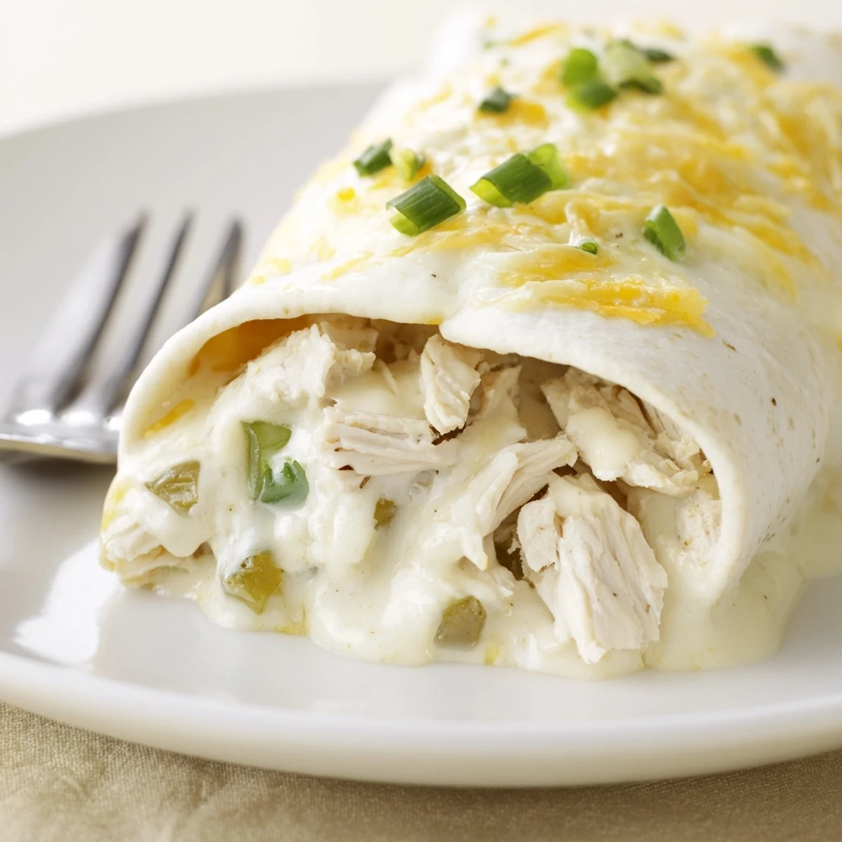 Creamy White Chicken Enchiladas fresh from the oven, bubbling white sauce and melted cheese