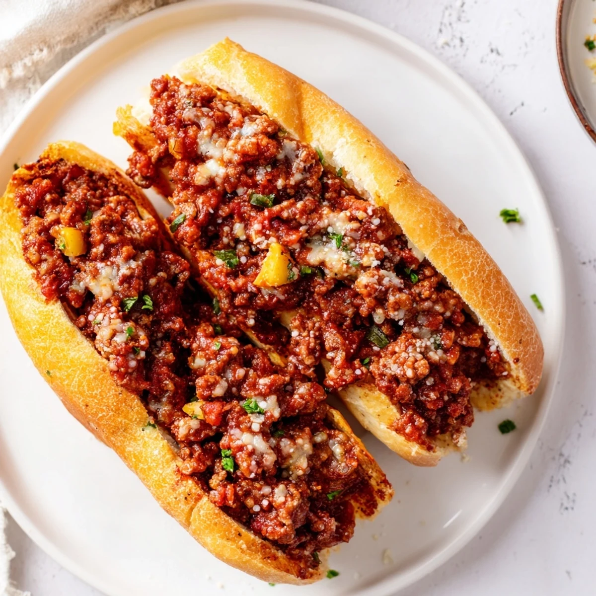 Toasted Garlic Bread Sloppy Joes sliced, savory beef filling steaming, parsley garnish