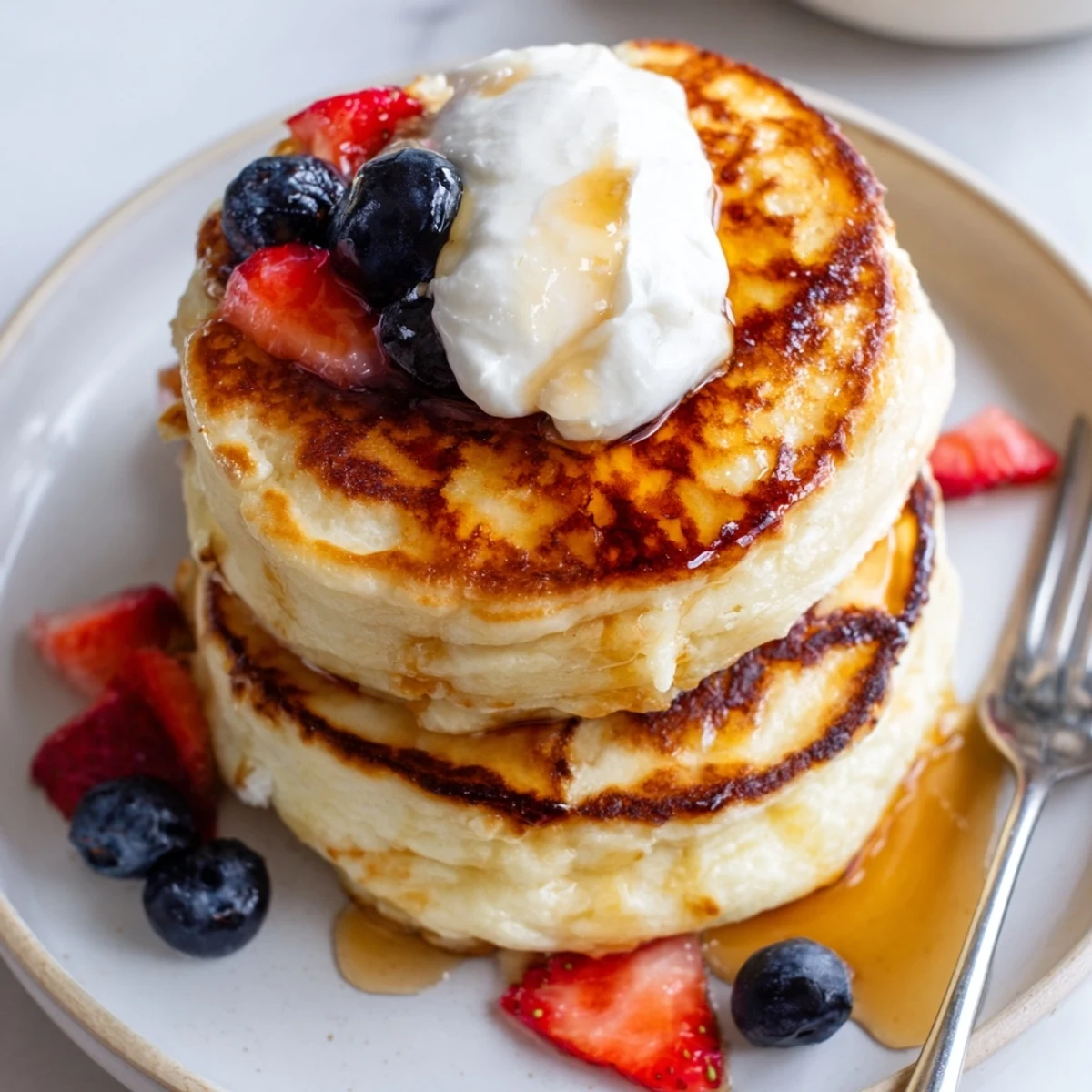 Cottage Cheese Pancakes stacked golden, fluffy centers, topped with fresh berries  