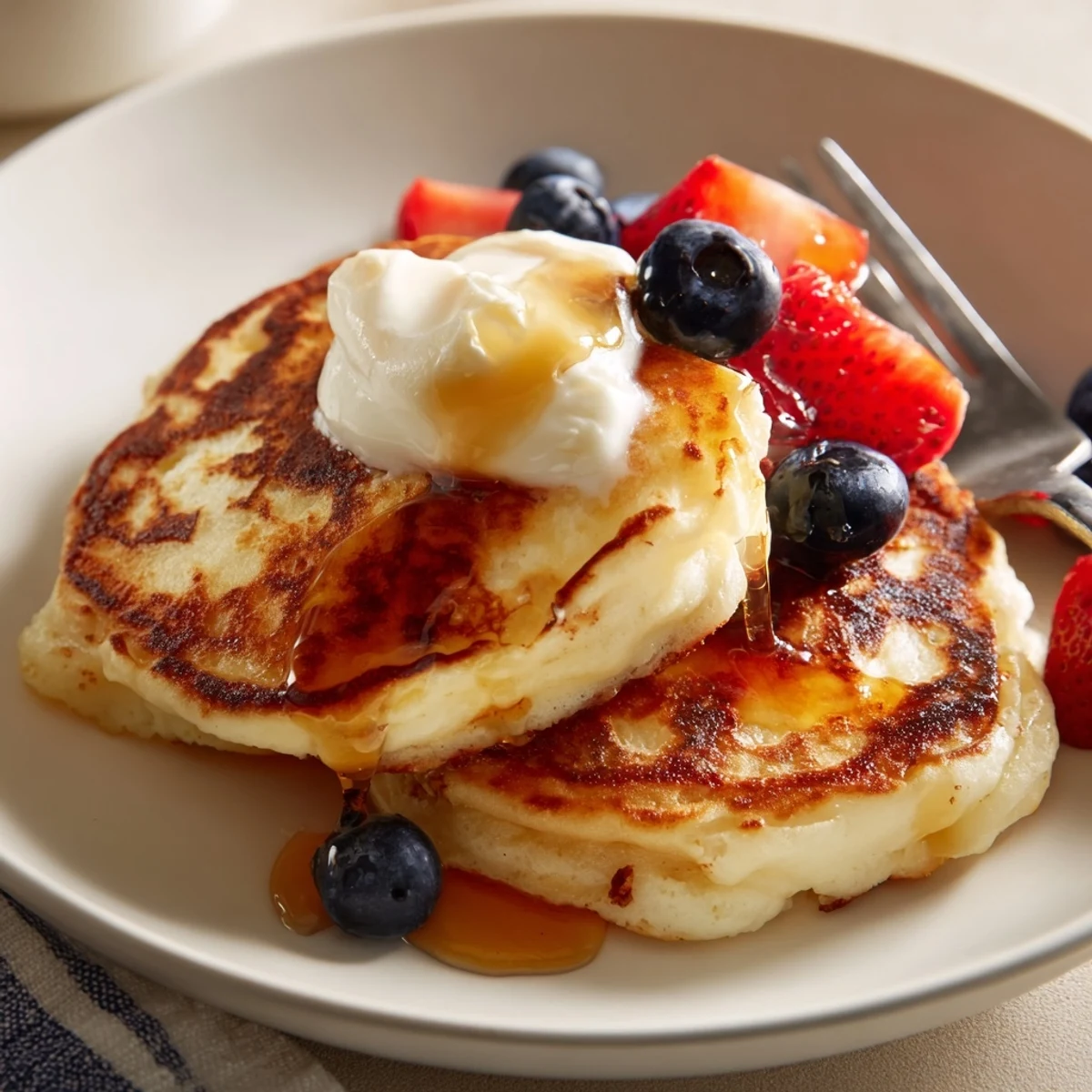 Warm Cottage Cheese Pancakes sizzling on griddle, butter melting, maple nearby  