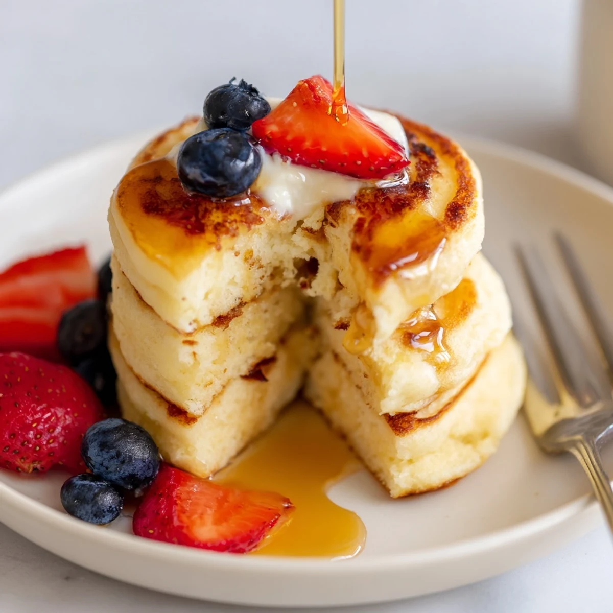 Light Cottage Cheese Pancakes served with tangy Greek yogurt and lemon zest