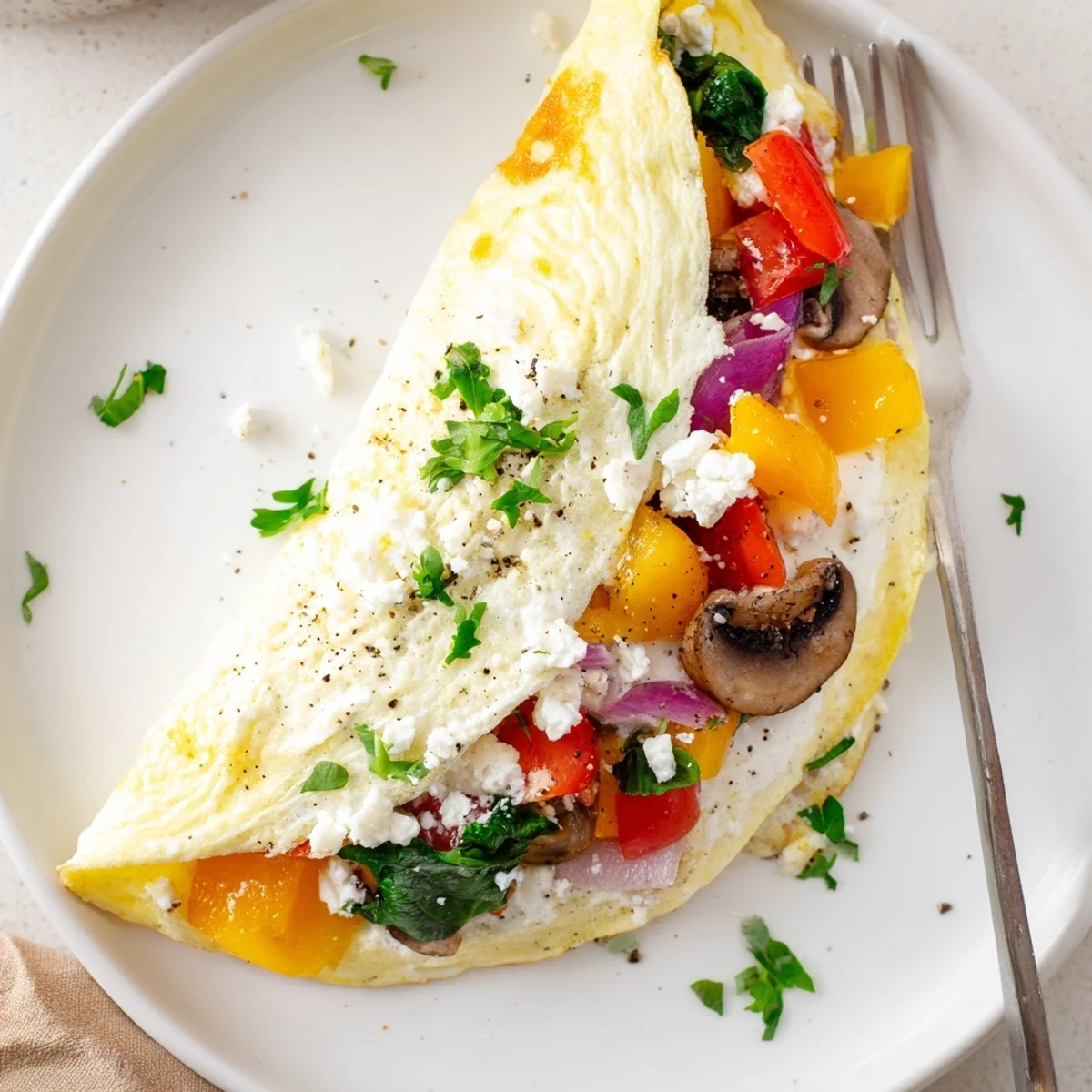 Egg White Omelette with Vegetables topped with crumbled feta, steaming on plate.