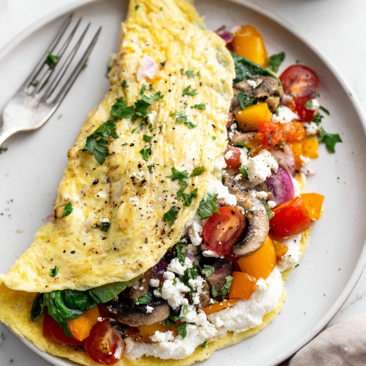 Bright Egg White Omelette with Vegetables showing sauteed peppers and wilted spinach.