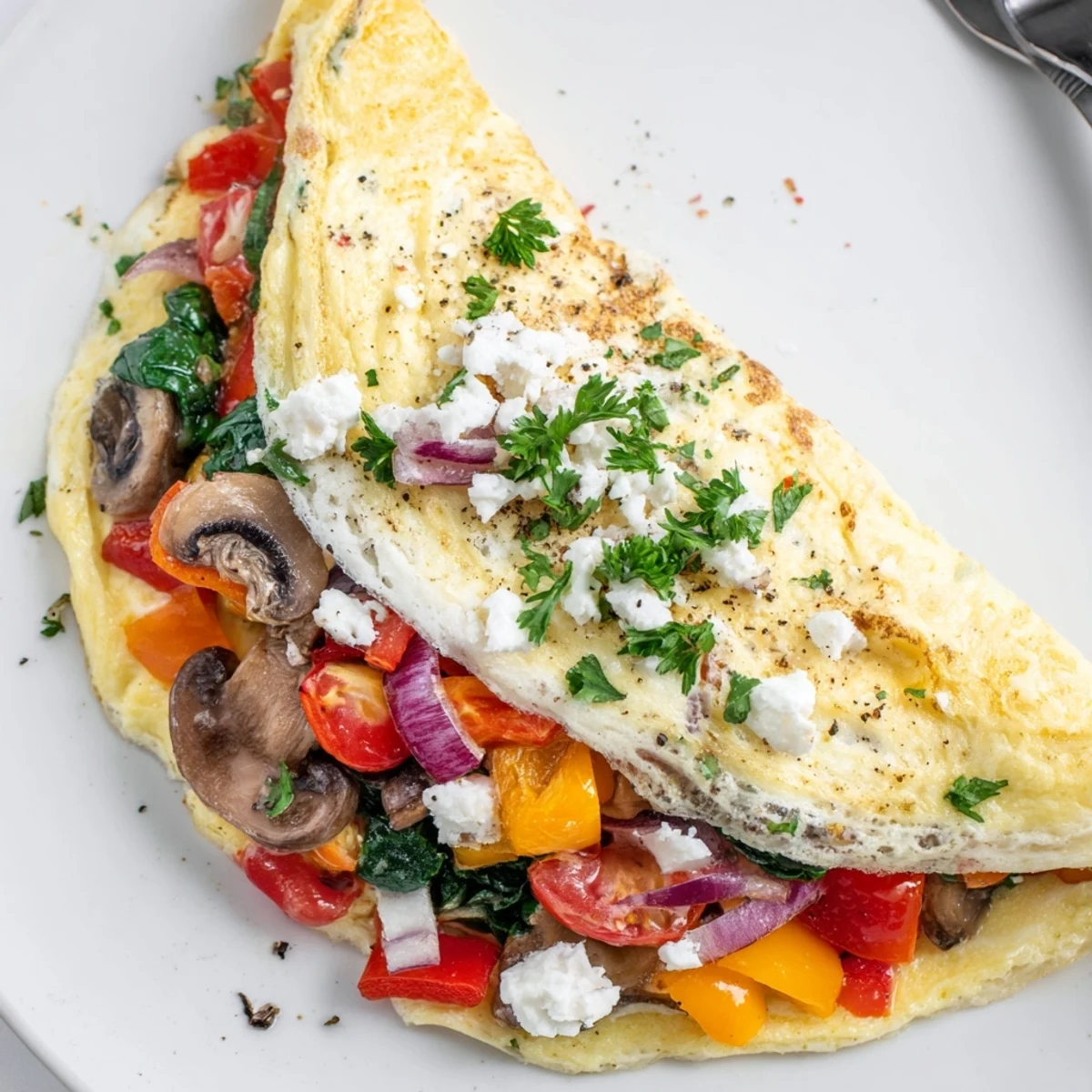Plated Egg White Omelette with Vegetables beside whole-grain toast and parsley garnish.