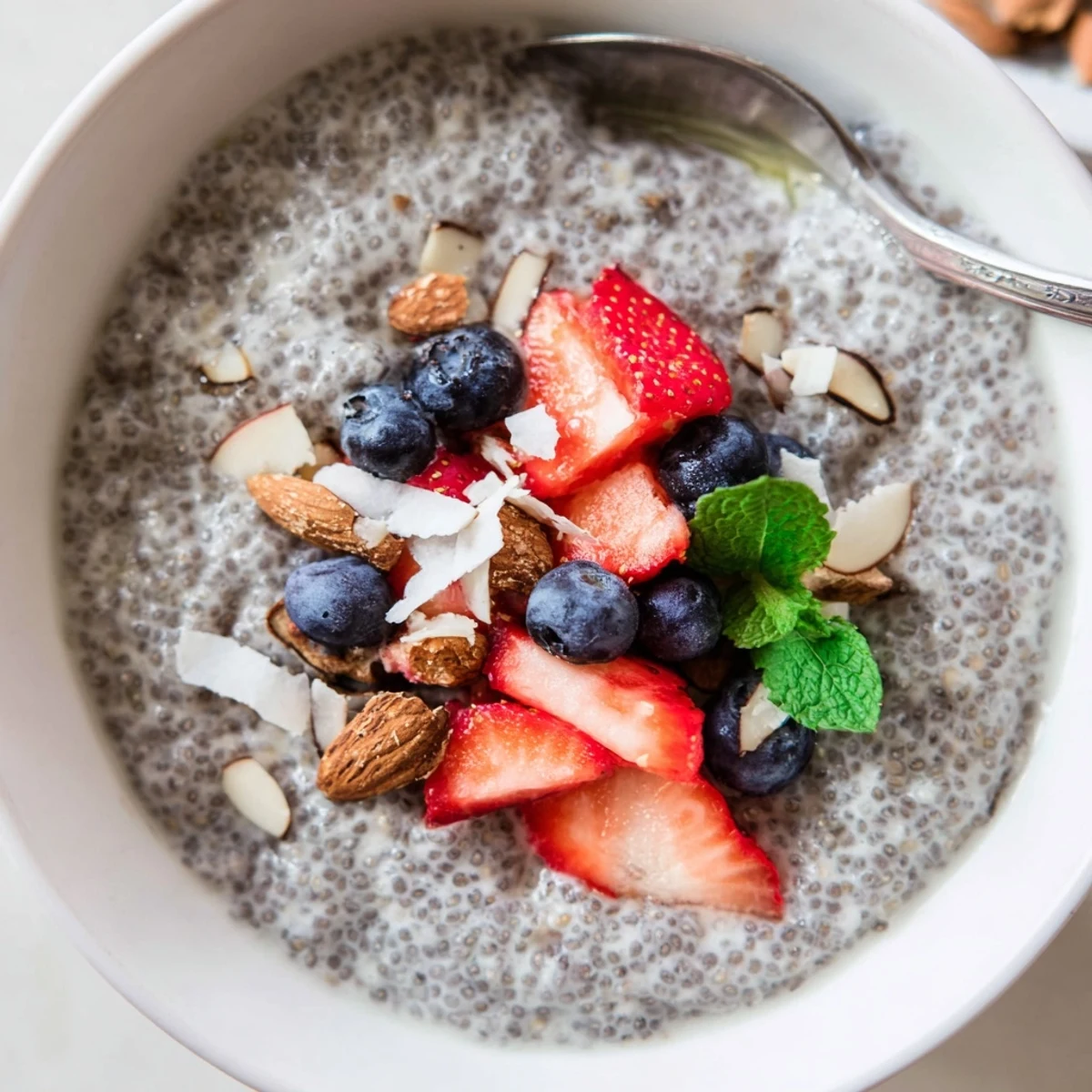 Chia Seed Pudding chilled in jars, spoon ready with coconut and maple syrup