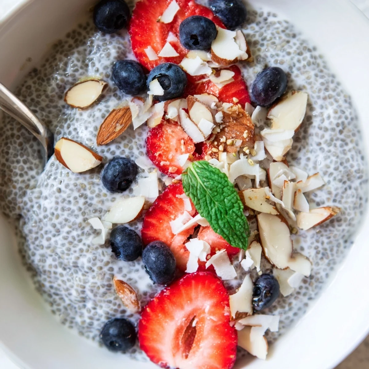 Silky Chia Seed Pudding made with almond milk, served as healthy breakfast