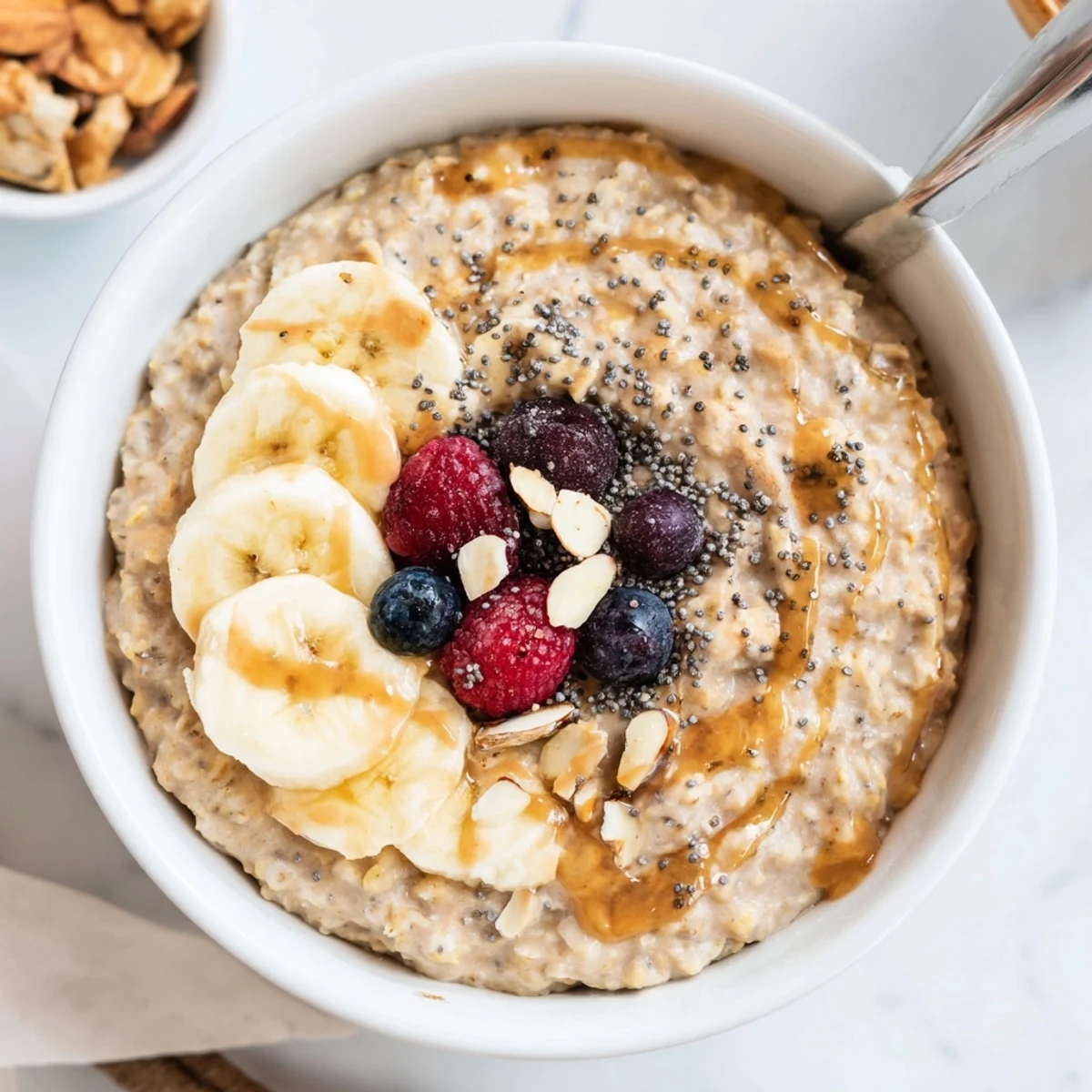 Warm Protein Oatmeal steaming in a bowl, maple-sweetened and spoon-ready