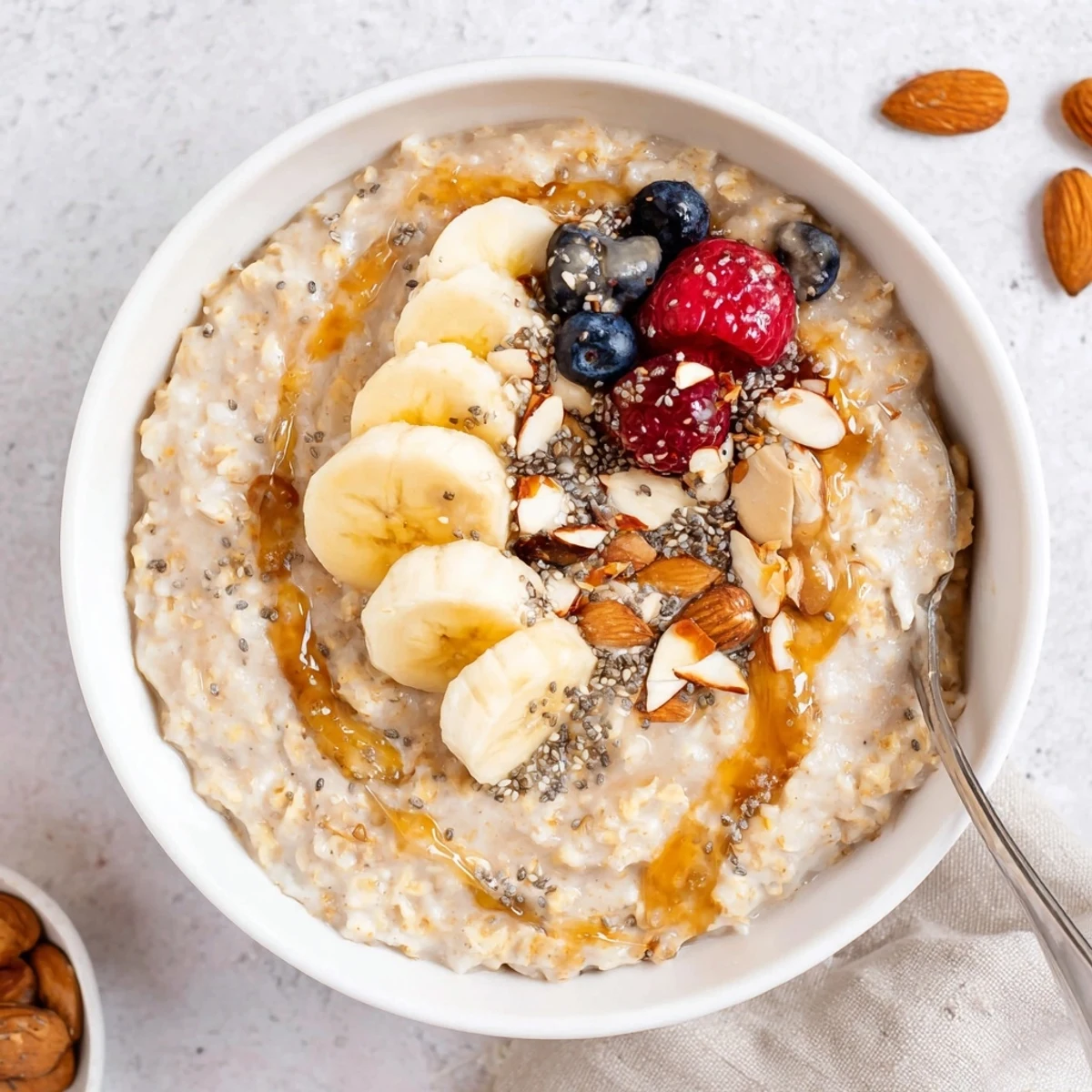 Hearty Protein Oatmeal with vanilla, chia seeds, crunchy almonds, post-workout fuel