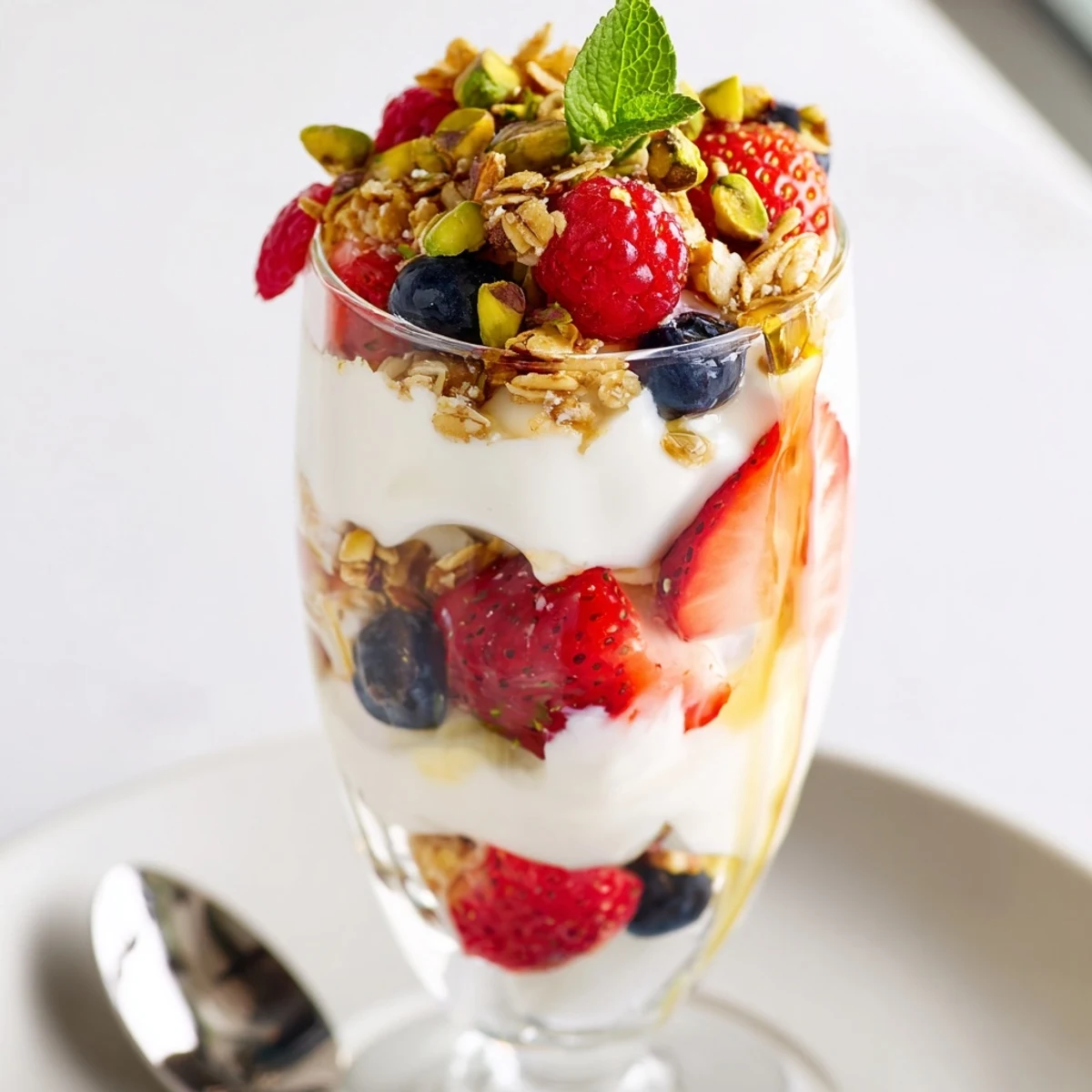 Creamy Greek Yogurt Parfait topped with honey drizzle, chopped nuts, and mint